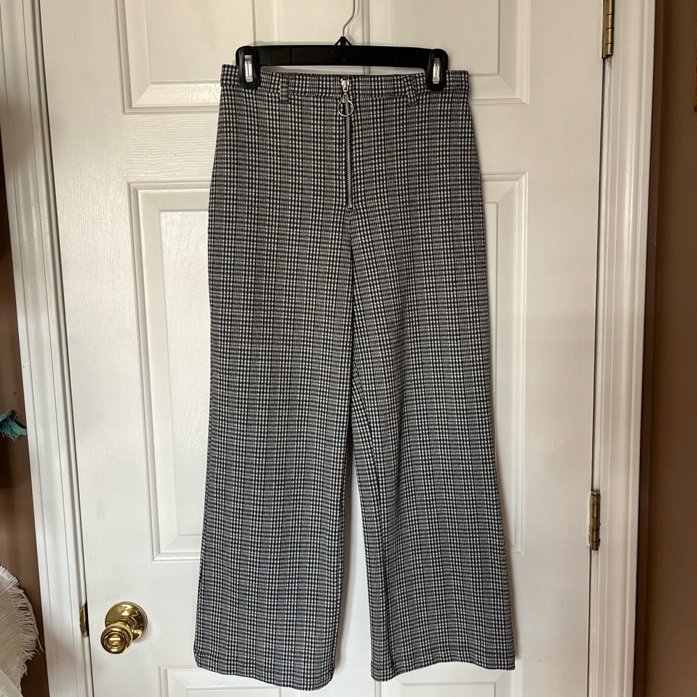 Black & White Plaid Cropped High Waist Pants Slacks Trousers Women Small Zipper